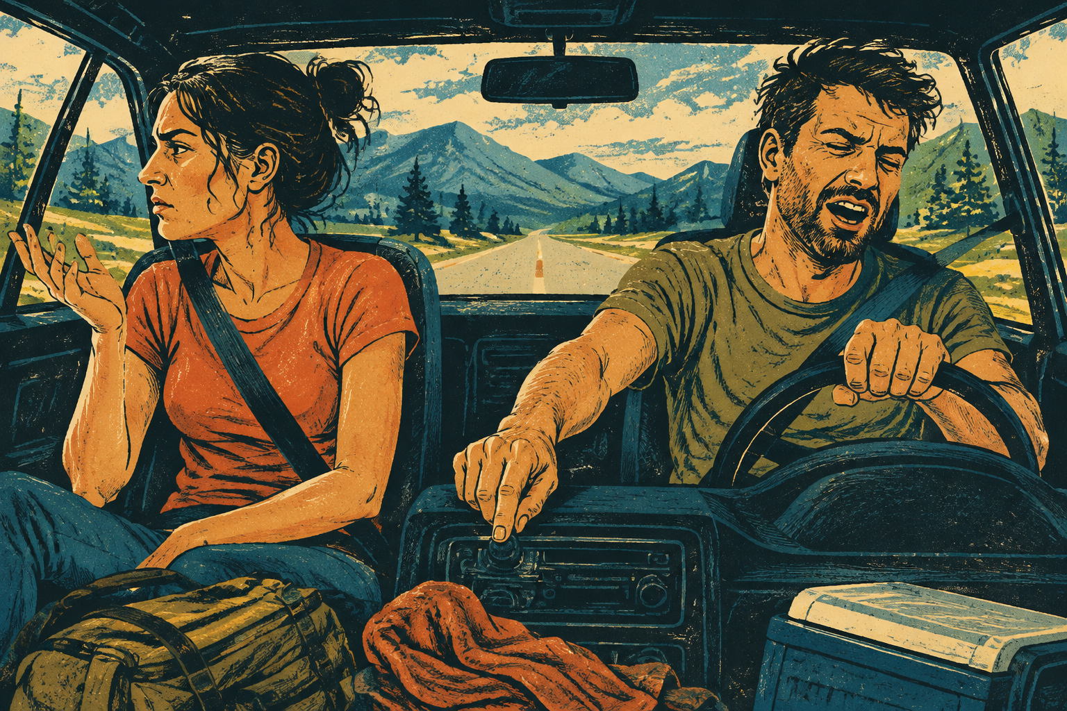 A couple disagree in a car as the driver reaches toward the radio.