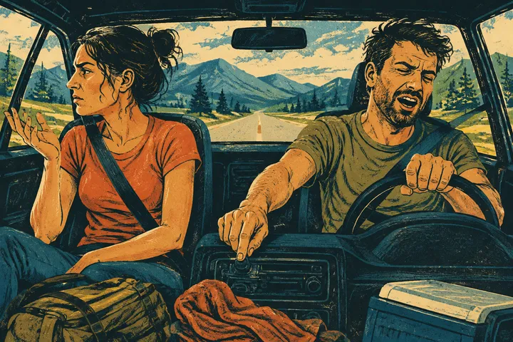 A couple disagree in a car as the driver reaches toward the radio.