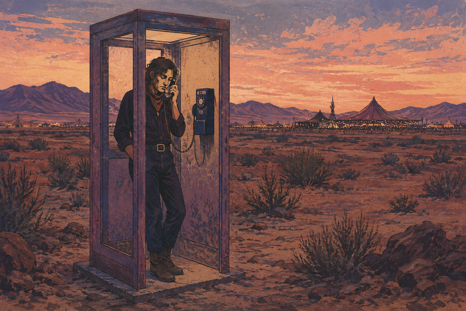 A festivalgoer uses a telephone booth in the Nevada desert.
