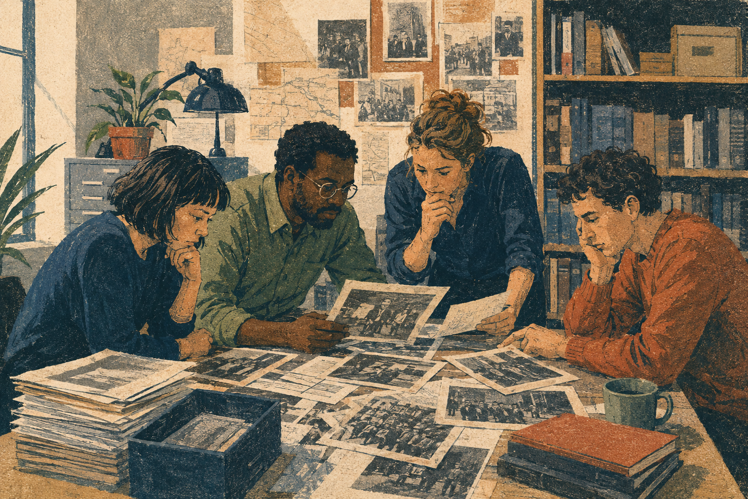 Researchers examine photographs and papers around an office table.