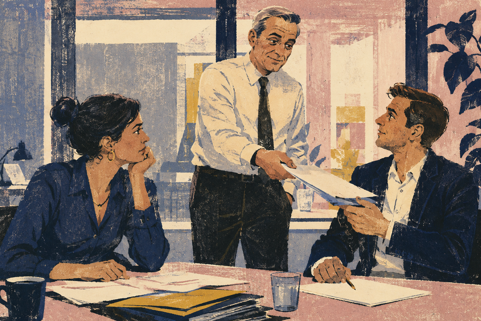 A manager hands a folder to a male colleague while a woman watches.