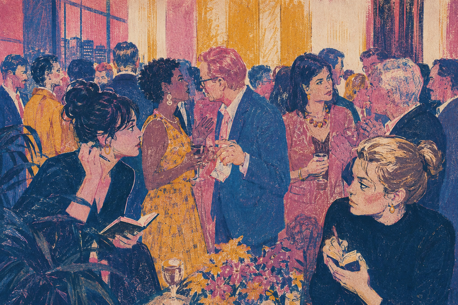 Two journalists take notes among conversations at a crowded gathering.