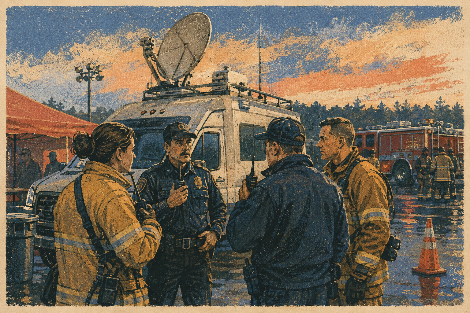 Emergency responders confer beside a communications vehicle with a satellite dish.