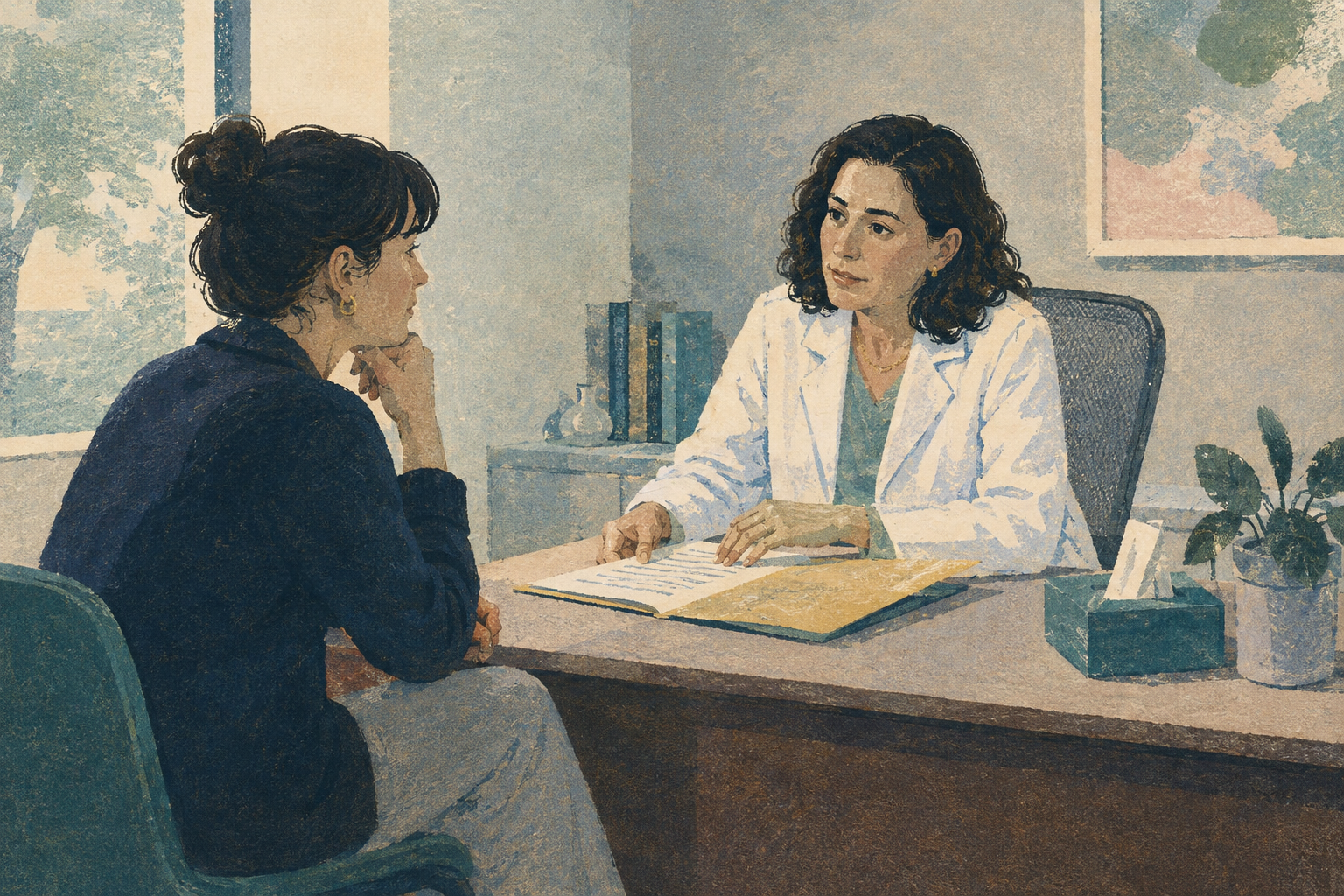 A woman consults a medical specialist across a desk.