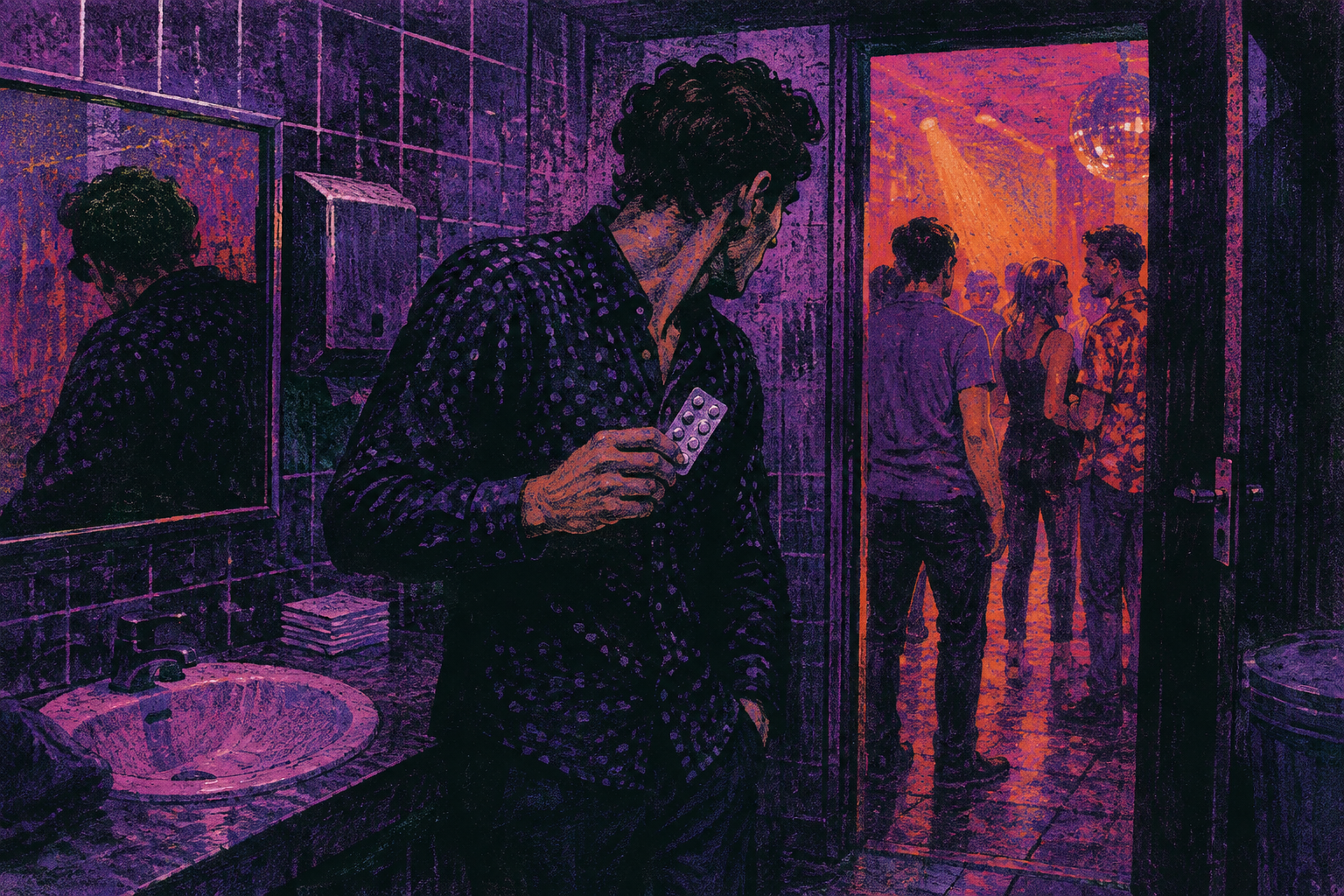 A man holds a medicine blister pack in a nightclub bathroom.