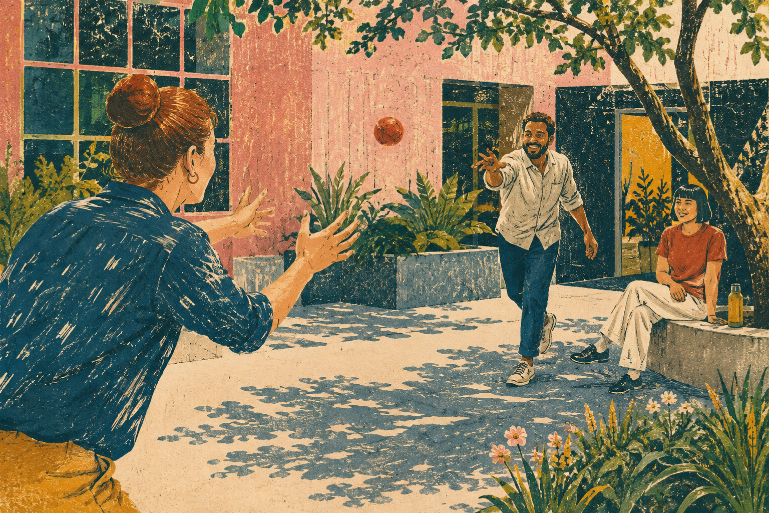 Colleagues play catch in a courtyard outside their workplace.