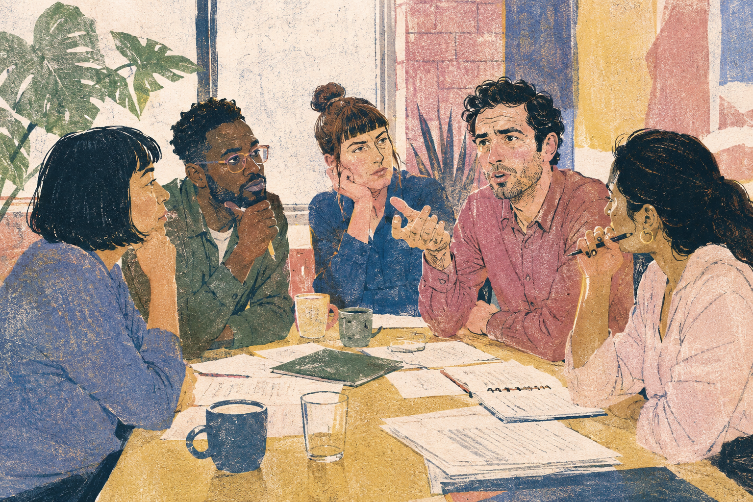 Colleagues listen as a team member questions a proposal at a meeting.