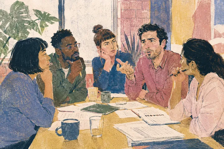 Colleagues listen as a team member questions a proposal at a meeting.