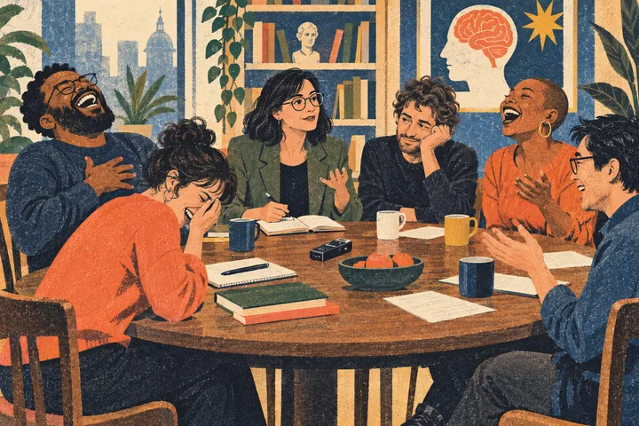 Illustration of a journalist and comedians sharing a laugh around a table.
