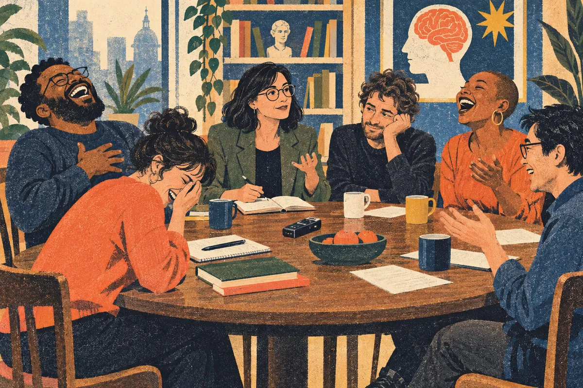Illustration of a journalist and comedians sharing a laugh around a table.