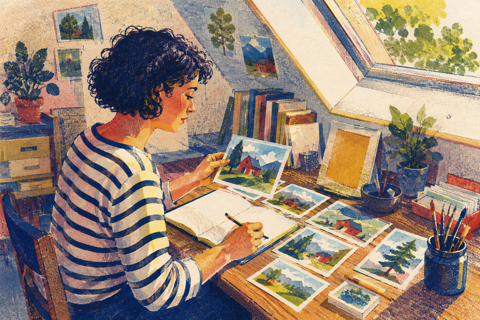 A curly-haired writer compares small landscape pictures beside an open notebook in an attic studio.