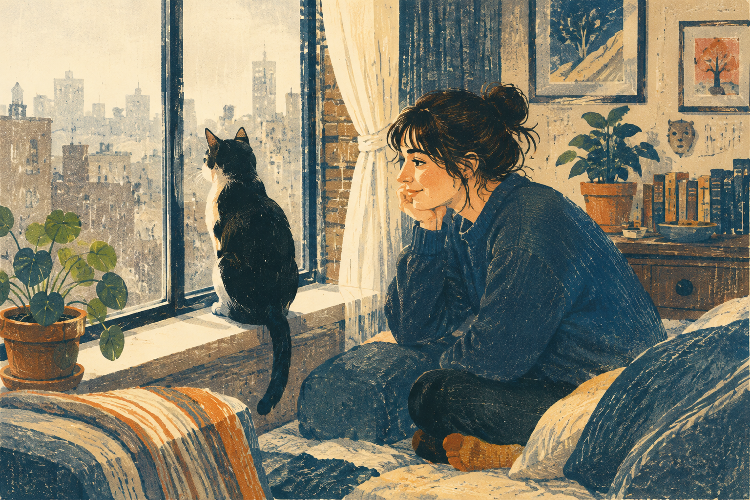 A woman watches a cat sitting at an apartment window.