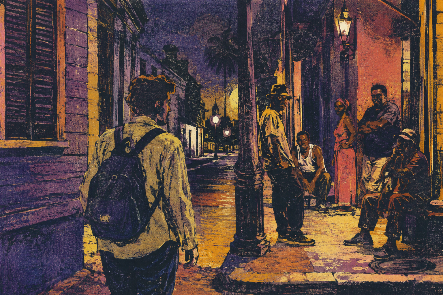 A pedestrian with a backpack approaches people on a New Orleans street at night.