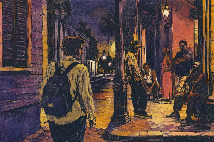 A pedestrian with a backpack approaches people on a New Orleans street at night.