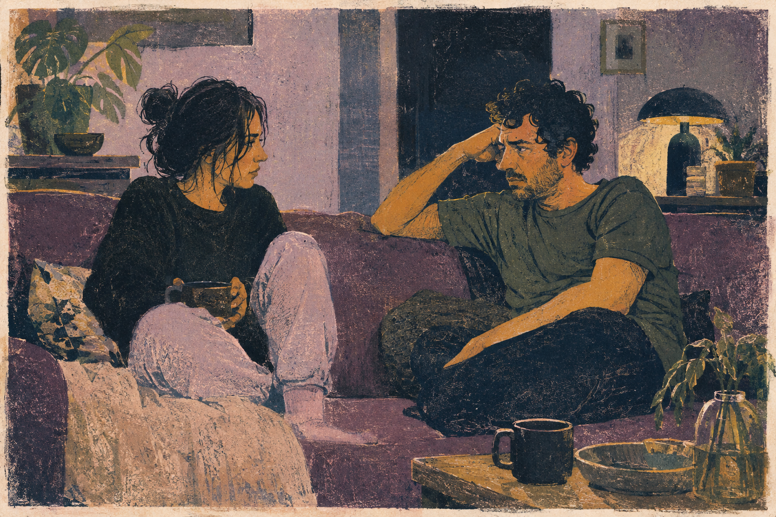 A couple sit on a sofa having a serious conversation.