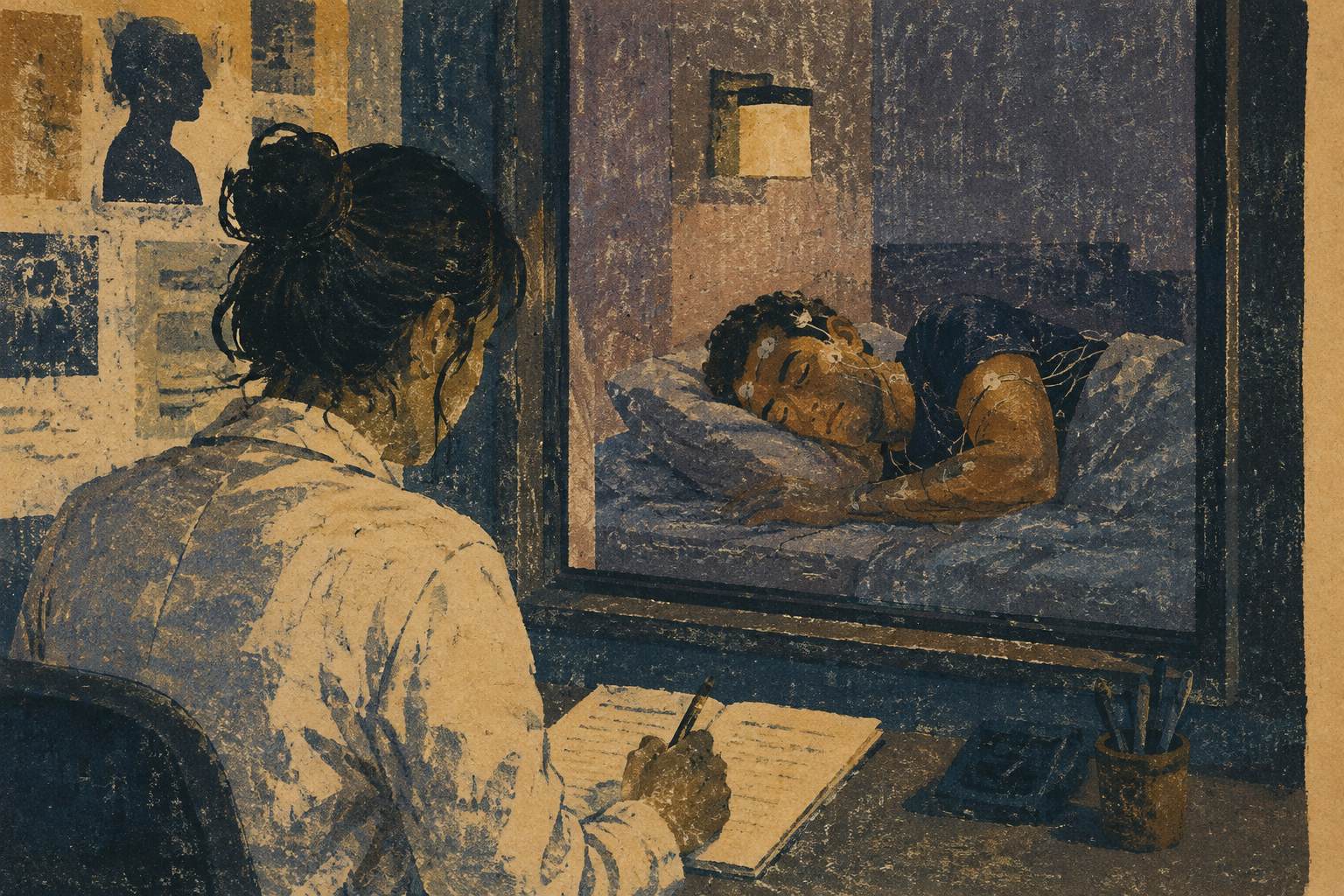 A researcher observes a sleeping participant through a laboratory window.