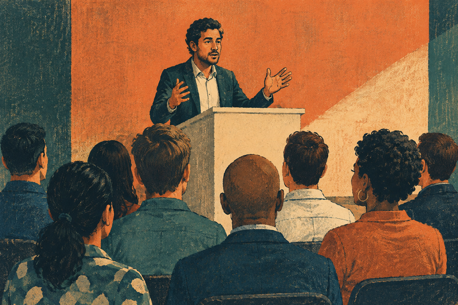 A fictional speaker gestures at a lectern before an audience.