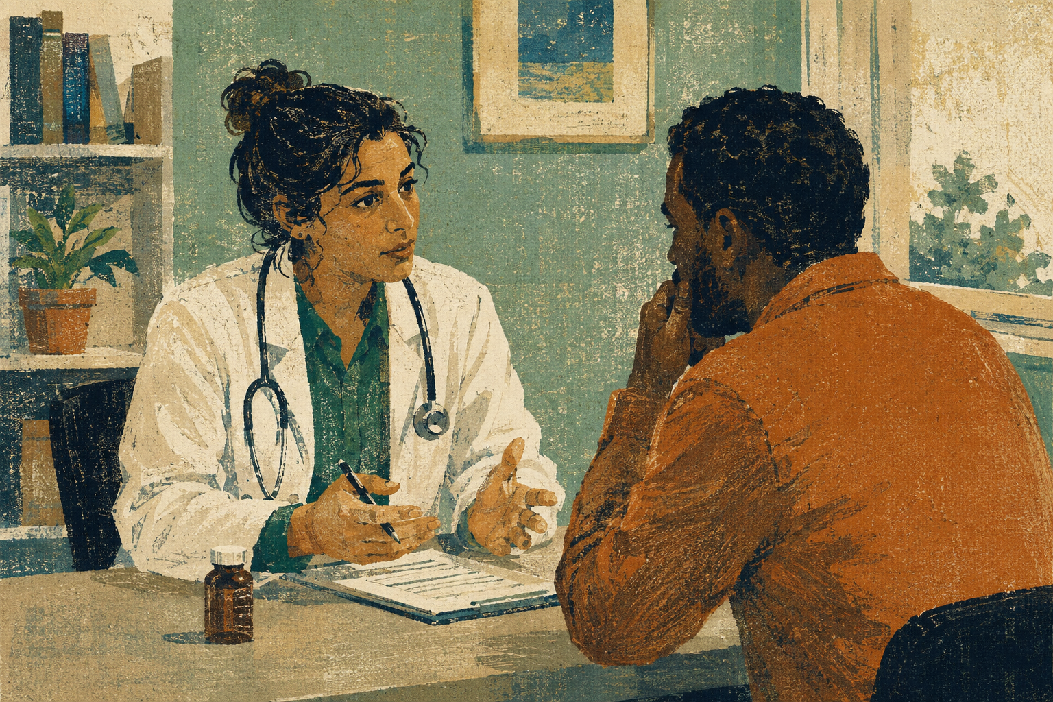 A doctor talks with a patient across a desk with a medicine bottle.