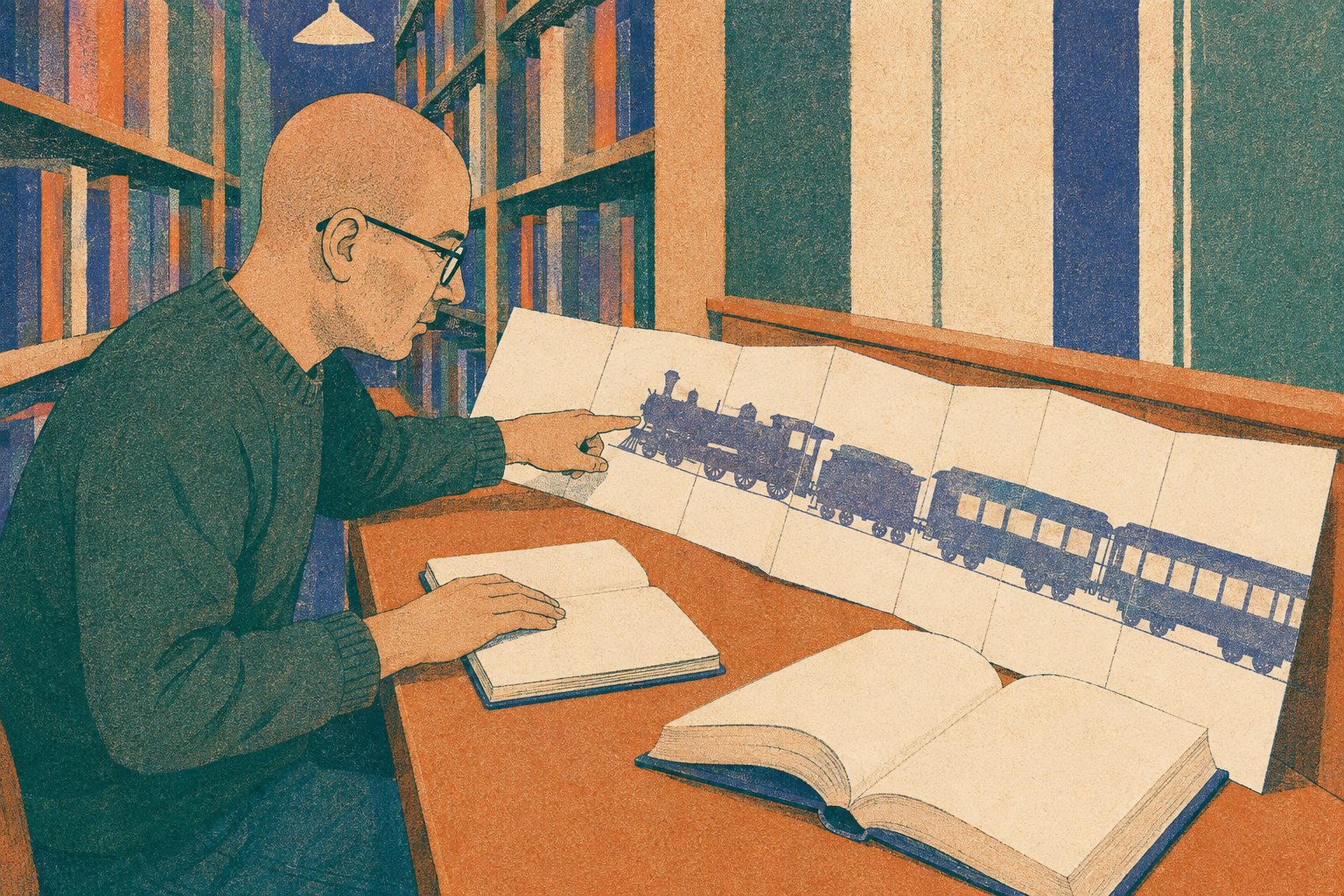 A writer points to a train illustration in a foldout beside a notebook at a library desk.