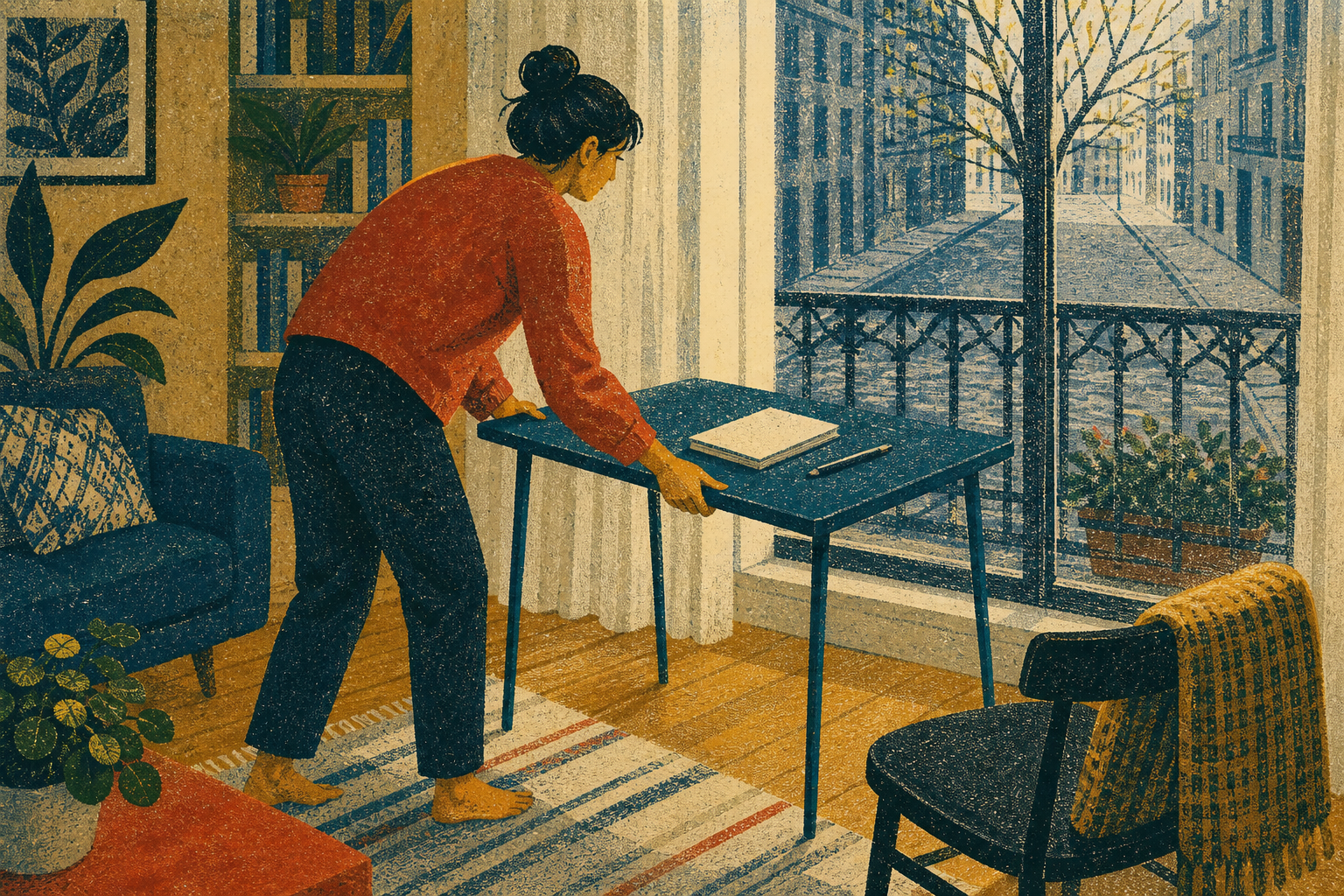 An employee moves a work table beside an apartment window overlooking an empty street.