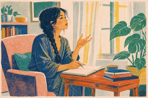 A braided-haired writer gestures while speaking, with a pencil and notebook beside her armchair.