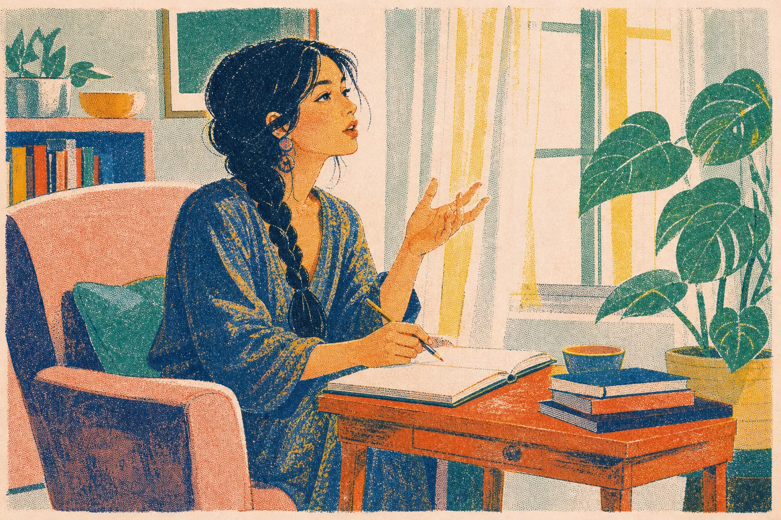A braided-haired writer gestures while speaking, with a pencil and notebook beside her armchair.
