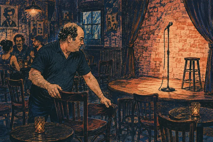 A man arranges a chair in a small comedy club.