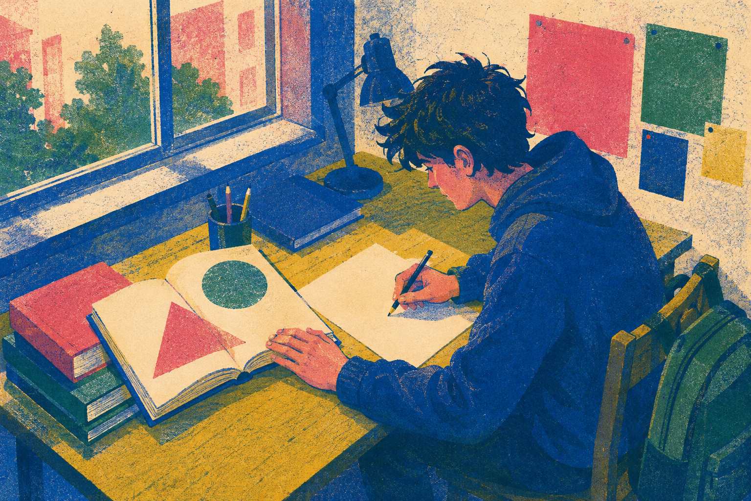 A student writes at a desk beside an open book showing a triangle and circle.