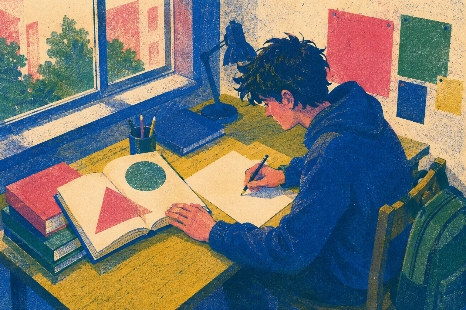 A student writes at a desk beside an open book showing a triangle and circle.