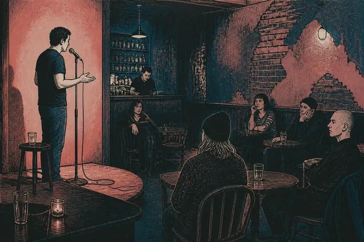 A stand-up performer faces a quiet audience in a small bar.