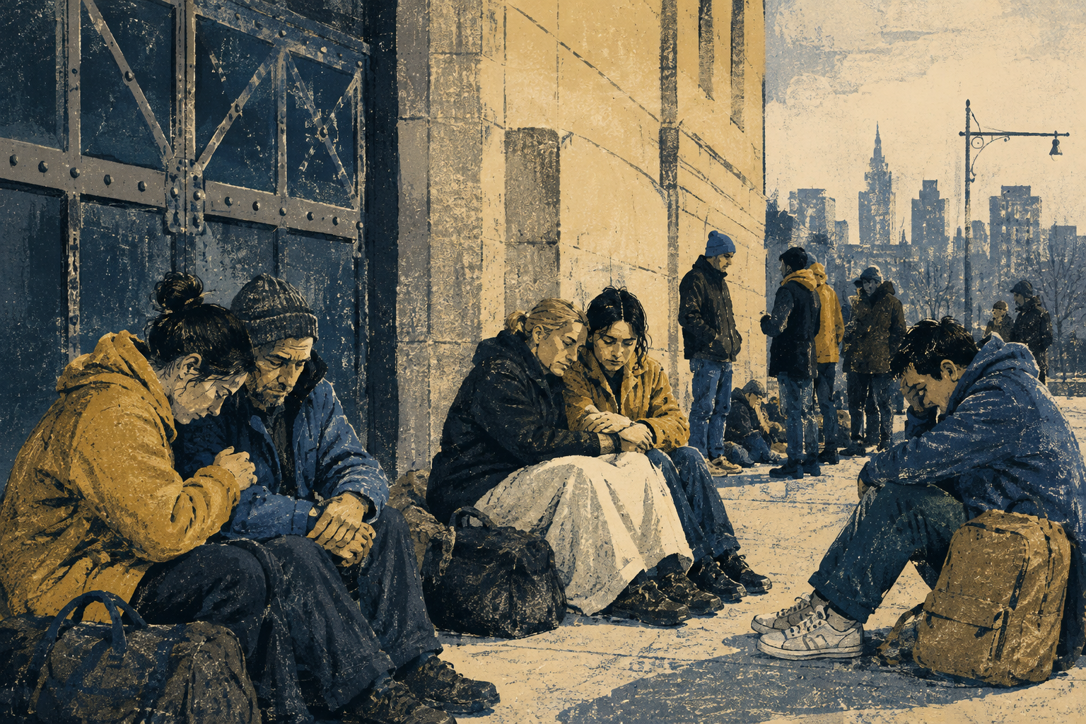 People comfort one another while waiting outside an armory.