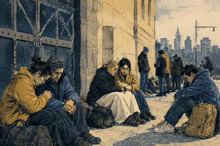 People comfort one another while waiting outside an armory.