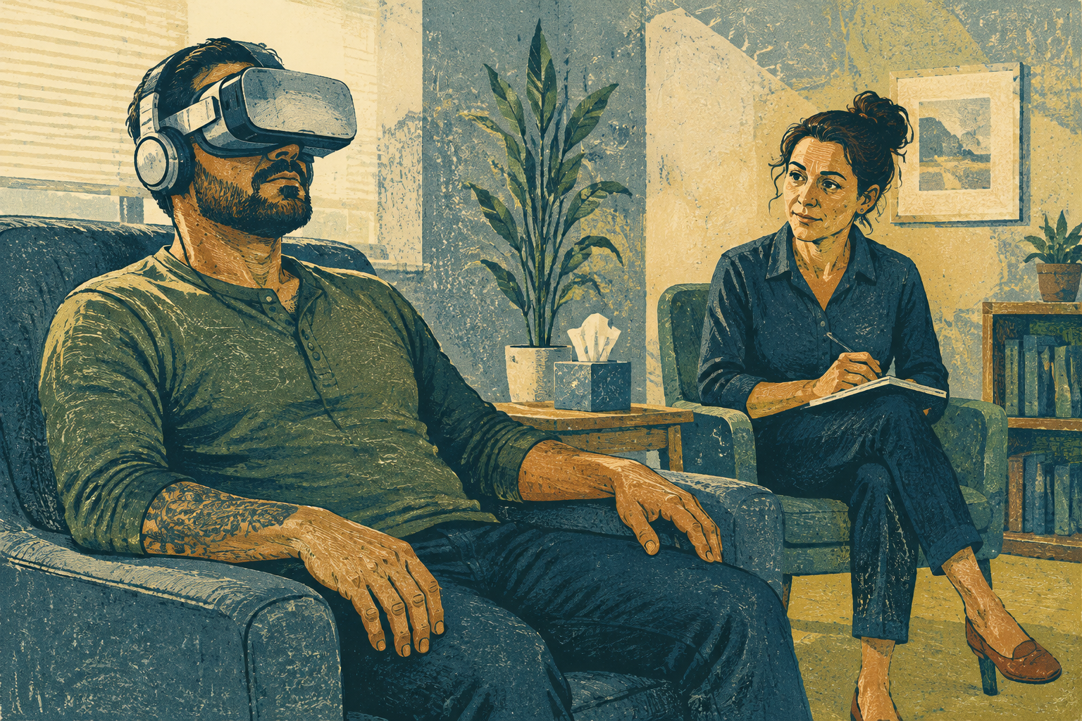 A man wears virtual-reality goggles during a session with a therapist.