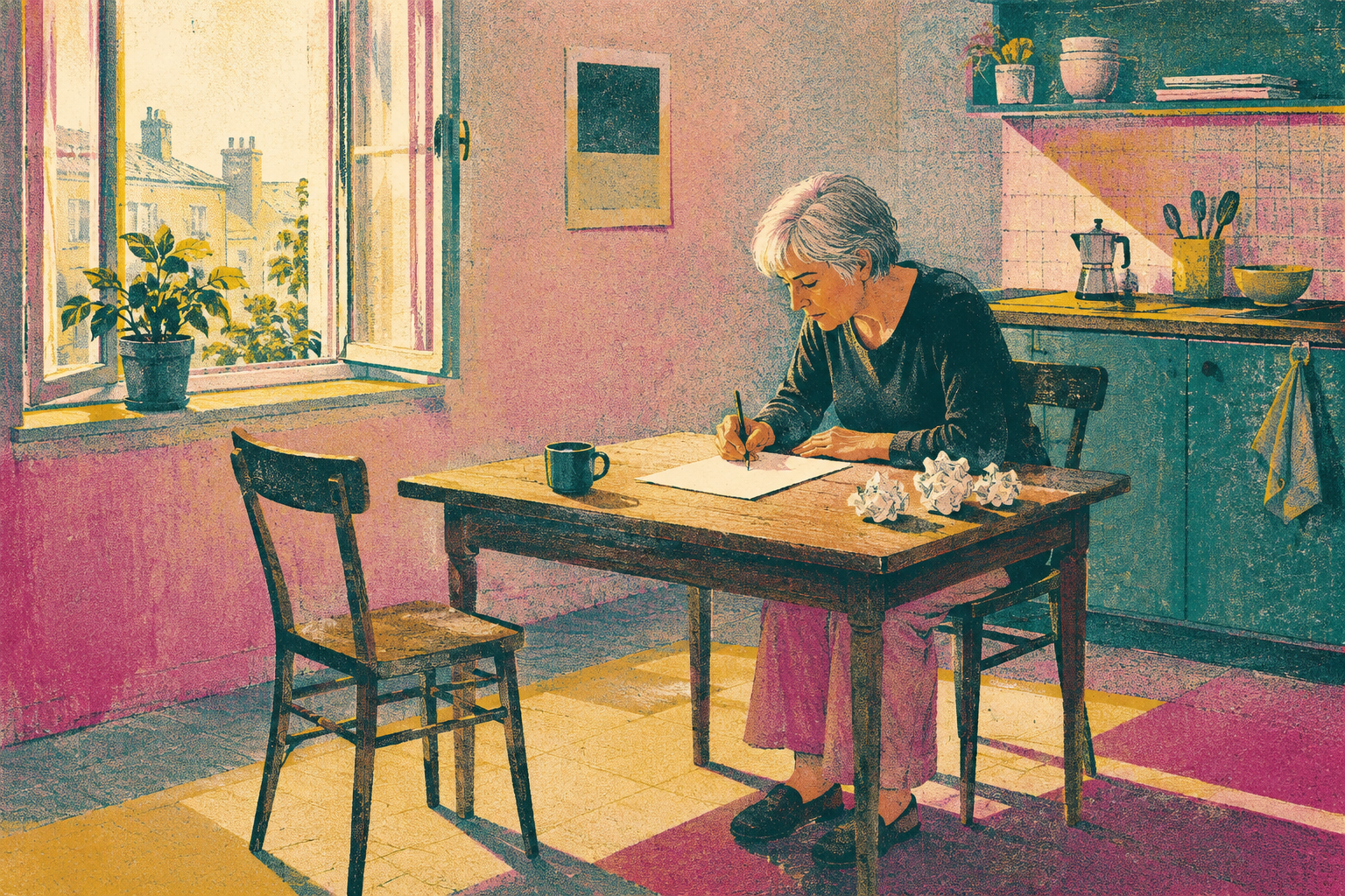 A silver-haired writer begins a page at a kitchen table beside crumpled drafts and an empty chair.