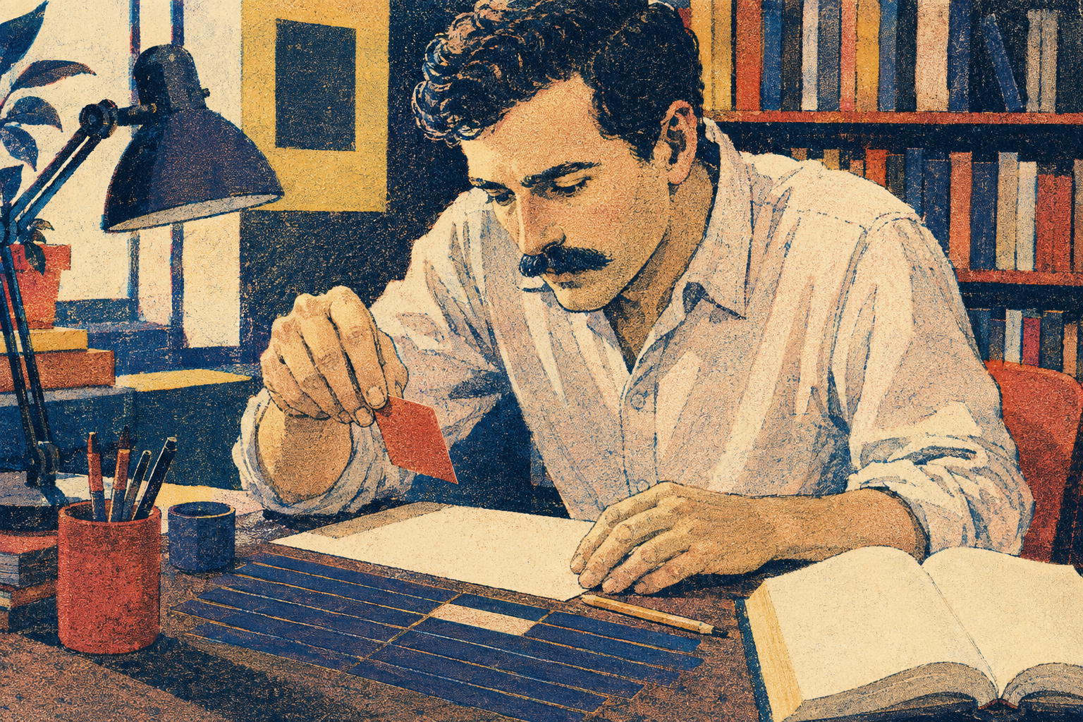 A mustached writer holds a red paper slip above a gap in strips arranged on his desk.