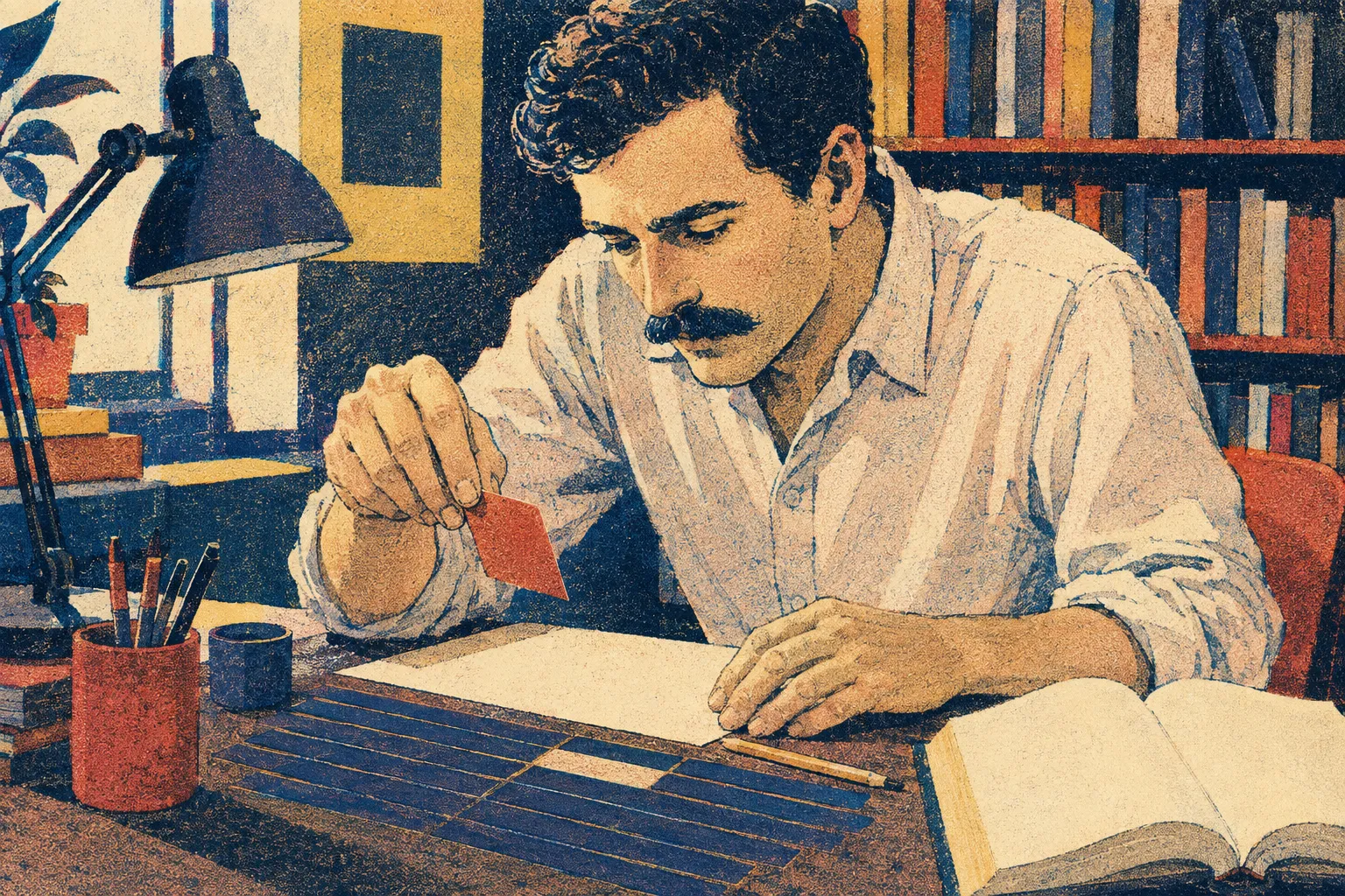 A mustached writer holds a red paper slip above a gap in strips arranged on his desk.