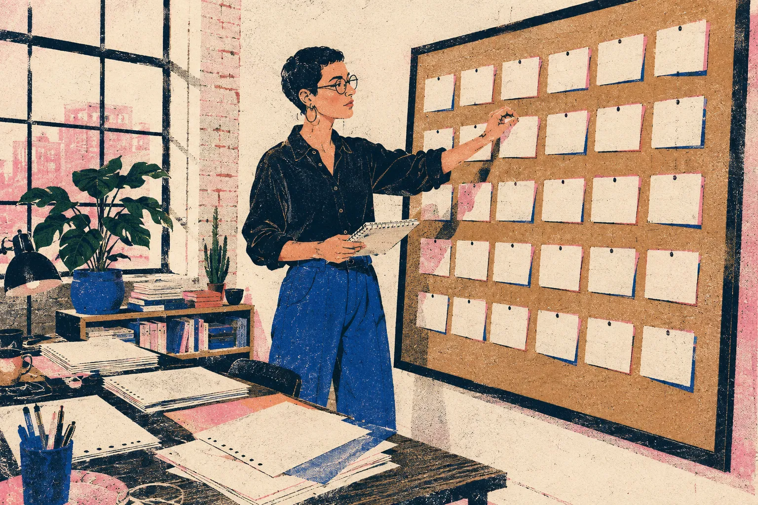 A writer moves an index card on a story board while holding a notebook in a bright studio.