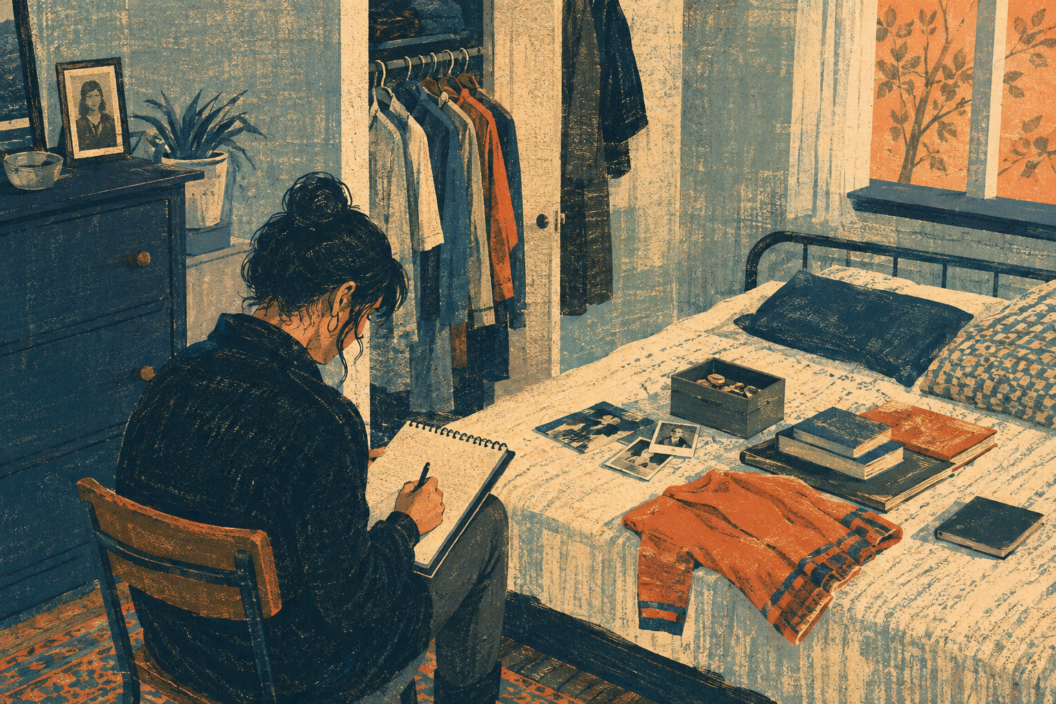 A visitor examines clothes, books and keepsakes in a bedroom.